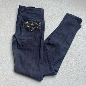 Womens Studded Jeans Dark Wash Denim Pants Embellished Pockets
